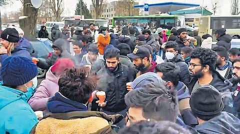 Indian students stuck in Sumy on their way to Poltava on Tuesday, March 8, 2022. (Photo | PTI)