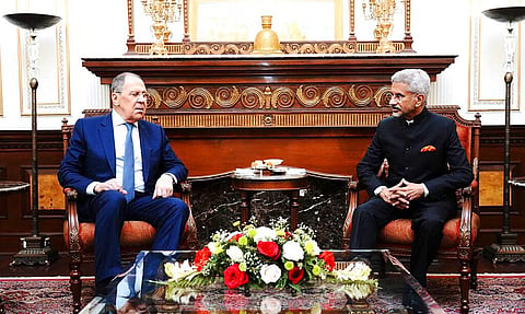 In this photo provided by Indian Foreign Minister S. Jaishankar's Twitter handle, Jaishankar and his Russian counterpart Sergei Lavrov sit for a meeting in New Delhi. (Photo | Twitter)