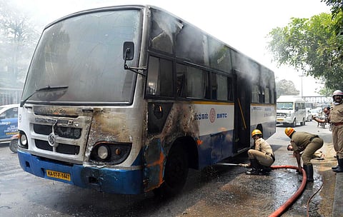 A BMTC bus which recently caught fire in Bengaluru. | Express