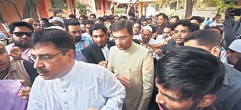 AIMIM MLA Akbaruddin Owaisi leaves the special court for the trial of cases against MPs and MLAs after he was acquitted in two hate speech cases on Wednesday