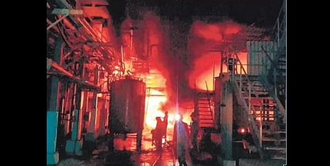 Image of a gas leak-triggered explosion and blaze at a pharmaceutical intermediates and speciality chemicals manufacturing unit at Eluru, Andhra Pradesh.