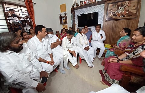 Congress leaders meet Santosh Patil’s family on Wednesday. (Photo Express)
