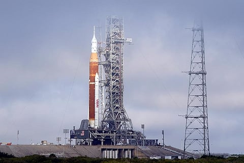 The NASA Artemis rocket with the Orion spacecraft aboard stands on pad 39B at the Kennedy Space Center in Cape Canaveral. (Photo | AP)