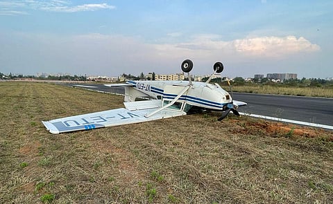 An aircraft engaged in a local sortie at the Jakkur Aerodrome in Bengaluru toppled during landing on Sunday evening. (Photo | Express)