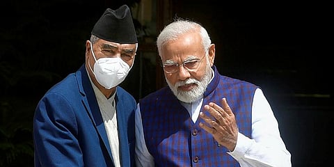 PM Narendra Modi with Nepal PM Sher Bahadur Deuba during a meeting, at Hyderabad House in Delhi. (Photo | PTI)