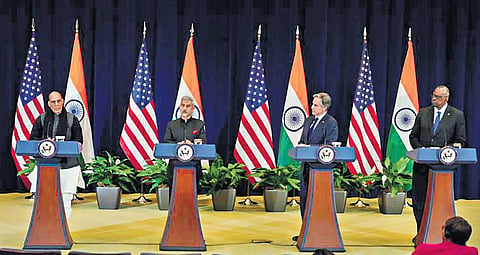 (L-R) Rajnath Singh, S Jaishankar, US Secretary of State Antony Blinken and Defense Secretary Lloyd Austin after the 2 2 meeting in Washington DC . (File Photo| PTI)