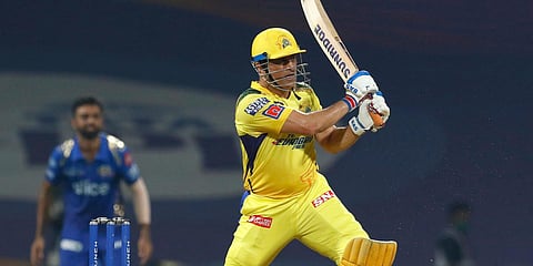 Chennai Super Kings' MS Dhoni hits a shot during an IPL 2022 match against Mumbai Indians, at the DY Patil Stadium in Navi Mumbai. (Photo| PTI)
