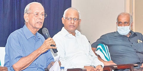 Metro Man E Sreedharan speaks at a seminar on SilverLine organised by Kerala chapter of Institution of Engineers (India) in Thiruvananthapuram on Thursday. Kerala chairman of Institution of Engineers
