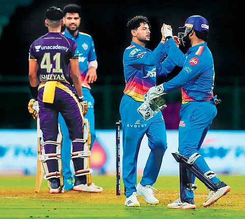 Delhi captain Rishabh Pant (R) celebrate with Kuldeep Yadav during the match against Kolkata on Thursday. (Photo | SPORTZPICS)
