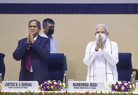 Prime Minister Narendra Modi during a joint conference of CMs of States & Chief Justices of High Courts, at Vigyan Bhawan in New Delhi, Saturday. (Photo | PTI)