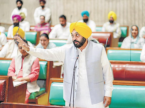 Punjab CM Bhagwant Mann addressing the Vidhan Sabha session recently.