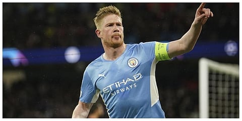 Manchester City's Kevin De Bruyne celebrates after scoring his side's opening goal during the Champions League. (Photo | AP)