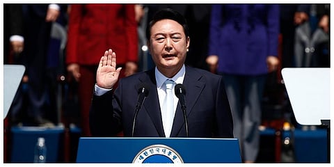 South Korean President Yoon Suk Yeol takes an oath during his inauguration in front of the National Assembly in Seoul, South Korea, Tuesday, May 10, 2022. (Photo | AP)