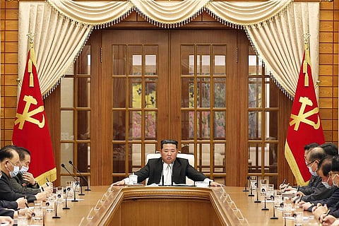 North Korean leader Kim Jong Un, center, attends a meeting of the Central Committee of the ruling Workers' Party in Pyongyang, North Korea Thursday, May 12, 2022(Photo | AP)