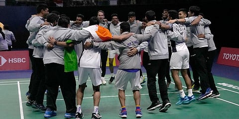 Indian men's badminton team celebrate after winning a point against Indonesia's Jonatan Christie during their singles final match at Thomas & Uber Cup in Bangkok. (Photo | AP)