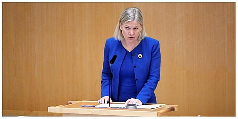 Prime Minister Magdalena Andersson talks during the parliamentary debate on the Swedish application for NATO membership, in Stockholm, Monday, May 16, 2022. (Photo | AP)