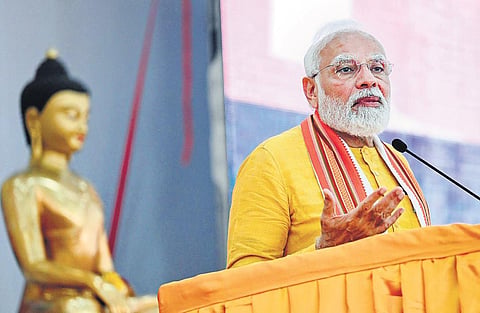 Prime Minister Narendra Modi addresses a gathering on the 2566th Buddha Jayanti and Lumbini Day 2022 in Lumbini (Photo|PTI)