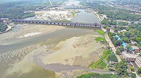an aerial view of Wazirabad Barrage shows a drying up Yamuna | pti
