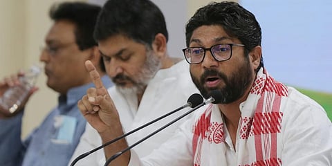 Gujarat MLA Jignesh Mevani during a media interaction at Congress office in New Delhi on Monday after his return from Assam. (Photo | Shekhar Yadav, EPS)