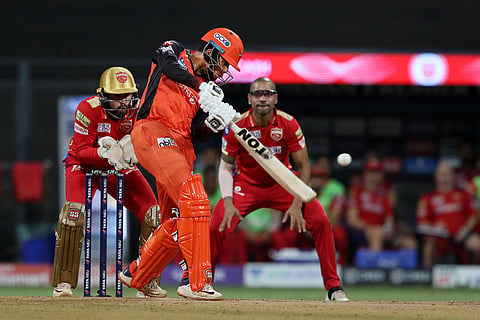 Abhishek Sharma of the Sunrisers Hyderabad plays a shot during T20 cricket match 70 of the Indian Premier League 2022. (PTI)