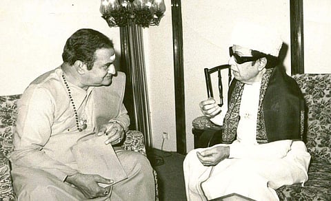 NT Rama Rao, Former CM of Andhra Pradesh with then Tamil Nadu Chief Minister M G Ramachandaran. (File Photo | EPS Archive)