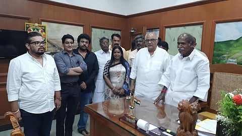 Boney Kapoor and Chief Minister N Rangasamy at his chamber in Puducherry . ( Photo | EPS)