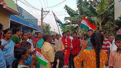 The residents of Kozhundirampattu village had organised a procession in honour of the retired army man who returned on Monday after 19 years of service. (Photo | EPS)