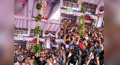 Devotees brought the areca nut tree which was used to raise the flag after tantric rituals. (Photo | Special Arrangement)