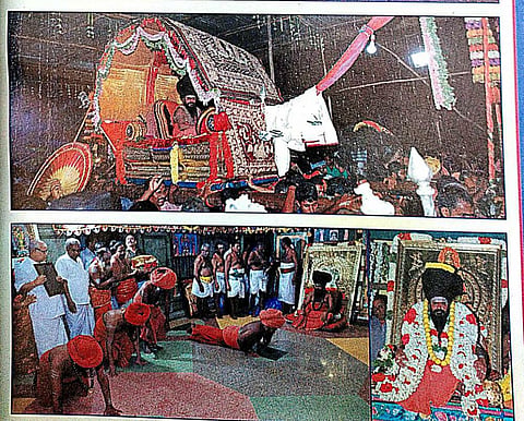After becoming the 27th head of Dharmapuram mutt in 2019, Shri Masilamani Desiga Gnanasambandha Swamigal was reportedly carried on a palanquin at Dharmapuram.