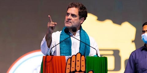 Congress leader Rahul Gandhi addressing at a public meeting Rythu Sangarshana Sabha at Arts and Science College in Hanamkonda. (Photo | EPS)