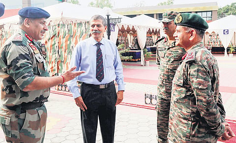Northern Command commander Lt Gen Upendra Dwivedi (right) with senior army brass in Jammu | Pti
