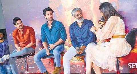 Ayan Mukerji, Ranbir Kapoor, Rajamouli during the promotion of Bollywood film Brahmastra Part One: Shiva in Visakhapatnam. (Photo | EPS)