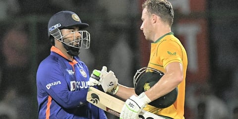 South Africa's David Miller greets India's captain Rishabh Pant after winning the first T20 cricket match between India and South Africa, at Arun Jaitley Stadium in New Delhi. (Photo | PTI)