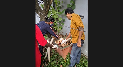 Volunteers cleaning the pots littered with waste.