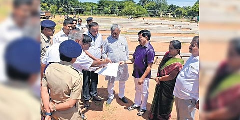  Minister S T Somashekhar inspects preparations at Maharaja College Grounds in Mysuru on Tuesday ahead of PM Narendra Modi’s visit | Udayashankar S 