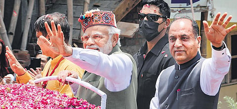 Narendra Modi and Himachal CM Jai Ram Thakur in Dharamshala on Thursday | PTI