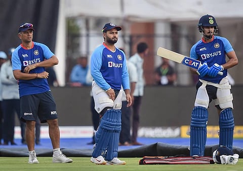 India coach Rahul Dravid along with Rishabh Pant and Shreyas Iyer during their training session ahead of their fourth T20 against South Africa. (Photo | PTI)
