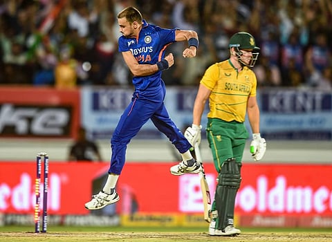Indian bowler Harshal Patel celebrates the wicket of South African batsman David Miller, during the fourth T20. (Photo | PTI)
