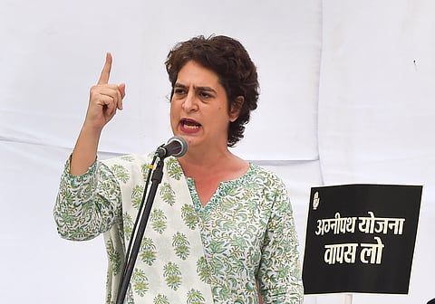 Congress General Secretary Priyanka Gandhi addresses the Congress' 'Satyagraha' against the government's 'Agnipath' scheme, at Jantar Mantar in New Delhi, June 19, 2022. (Photo | PTI)