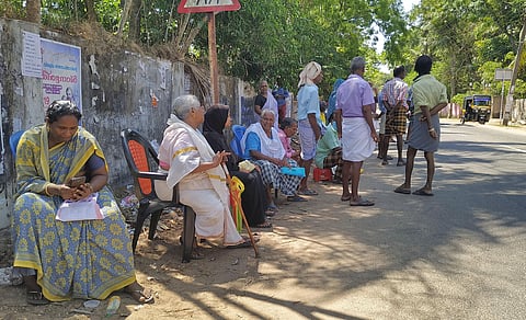 Senior Citizens wait for their turns to collect social welfare pension in Thiruvananthapuram on Wednesday.(File Photo | B P Deepu, EPS)