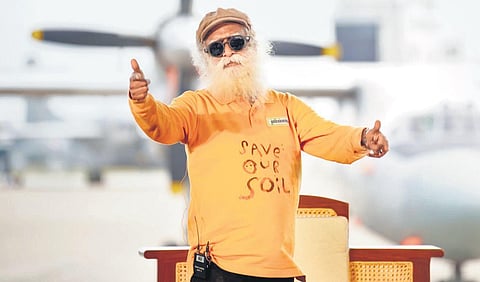 Sadhguru at a Save Soil event at the Indian Air Force base in Sulur, Coimbatore. Union Minister Rajnath Singh attended the event virtually