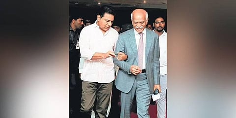 IT Minister KT Rama Rao lends an arm to BVR Mohan Reddy, founder chairman of Cyient at the event on Monday