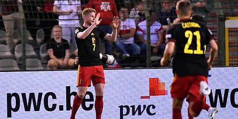 Belgium's Kevin De Bruyne (L) celebrates after scoring against Poland during the UEFA Nations League soccer match between Belgium and the Poland, at the King Baudouin Stadium in Brussels. (Photo | AP)