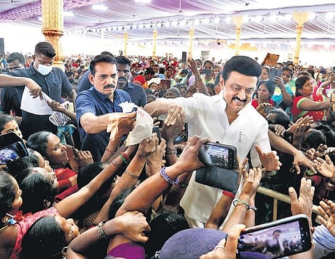 CM MK Stalin at a government function in Tiruvannamalai. (Photo | S Dinesh, EPS)