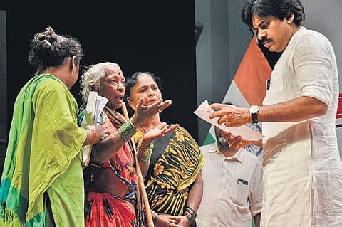 Jana Sena chief Pawan Kalyan receives petitions from the public at the Jana Vani programme in Vijayawada on Sunday. (Photo I Prasant Madugula)