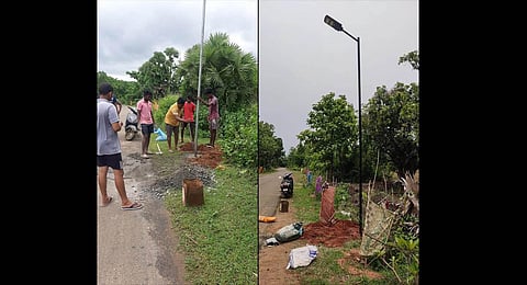 Ganivada youngsters erect a lamp post. (Photo| EPS)