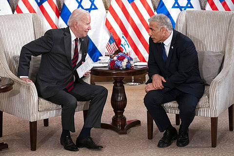 President Joe Biden and Israeli Prime Minister Yair Lapid address the media following their meeting in Jerusalem. (Photo | AP)