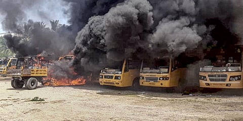 Protest and violence, demanding justice over the death of a-17 year old girl, erupt in Kallakurichi district. (Photo| PTI)