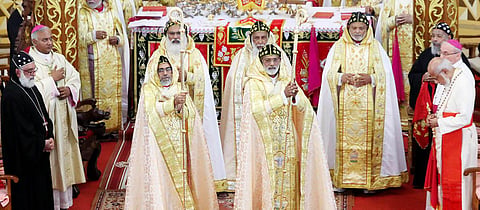 The newly ordained bishops Mathews Mar Poly Carpos and Antony Mar Silvanus of Malankara Catholic Church bless believers after the episcopal ordination held at St Mary’s Cathedral| Express