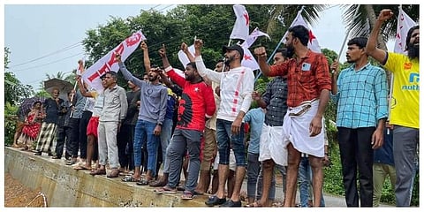 DYFI activists stage protest at the venue where Veera Kesari organised rural games 'only for Hindus' at Bayar in Paivalike gram panchayat in Kasaragod district.
